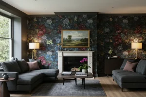 A cozy, modern living room featuring a bold wallpaper accent wall.