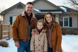A happy family of four standing in front of a modern house.