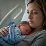 A mother in a hospital bed holding her newborn with a concerned expression.