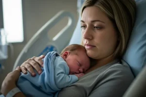 A mother in a hospital bed holding her newborn with a concerned expression.