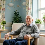 An elderly man sitting in a comfortable nursing room.