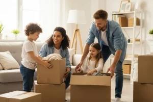 A cheerful young family with kids packing boxes in a bright, cozy home.