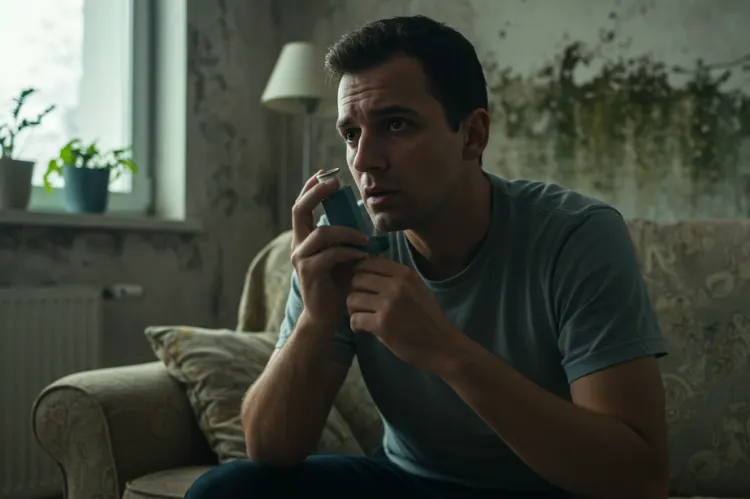 A man using an inhaler in living room indoors background showing mold on wall.
