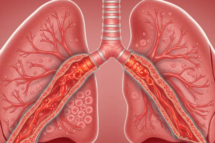 Medical concept illustration of inflamed bronchial tubes inside human lungs.