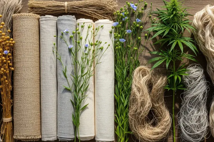 Flat lay of hemp and linen fabric rolls beside flax and hemp plants; natural sunlight.