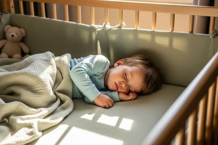Child sleeping peacefully in breathable organic bedding with sunlight filtering through.