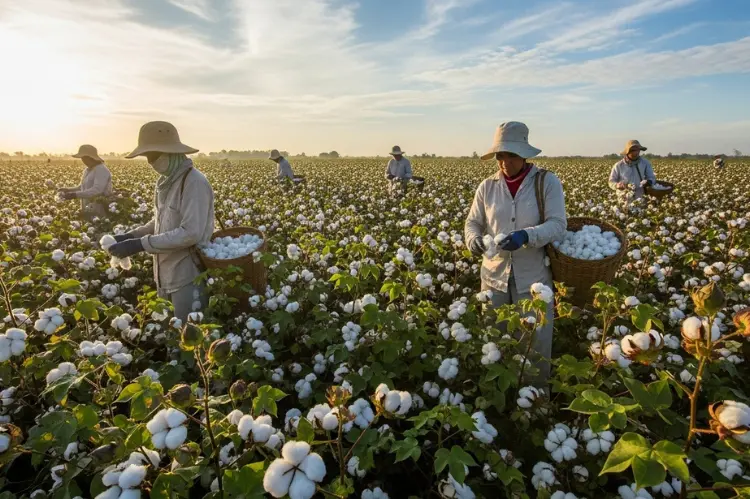 Wide view of organic cotton natural sunlight, workers in eco-friendly attire.