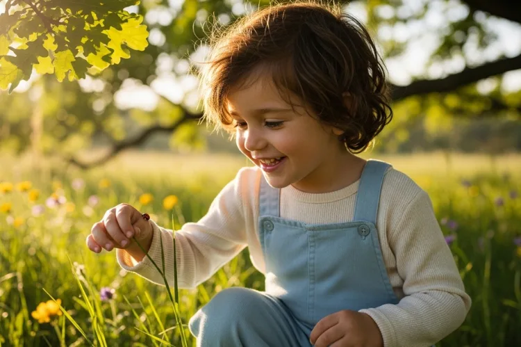 A happy child wearing soft, organic cotton clothes, playing outdoors in sunlight.