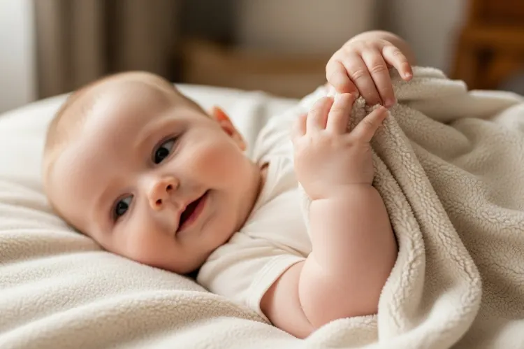 A baby touching a soft organic cotton blanket.