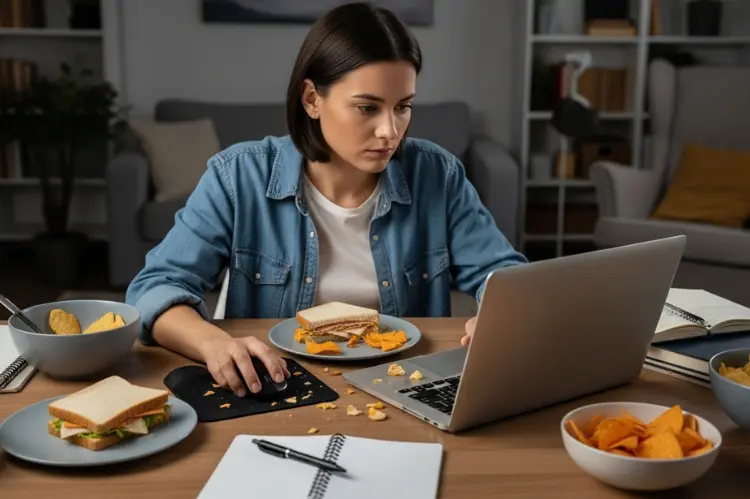 Person working at a home desk surrounded by snack bowls and food crumbs.