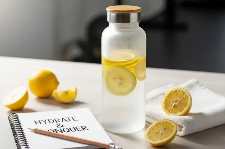 Fitness-inspired photo of a stylish reusable water bottle, lemon slices, and reminder notepad.