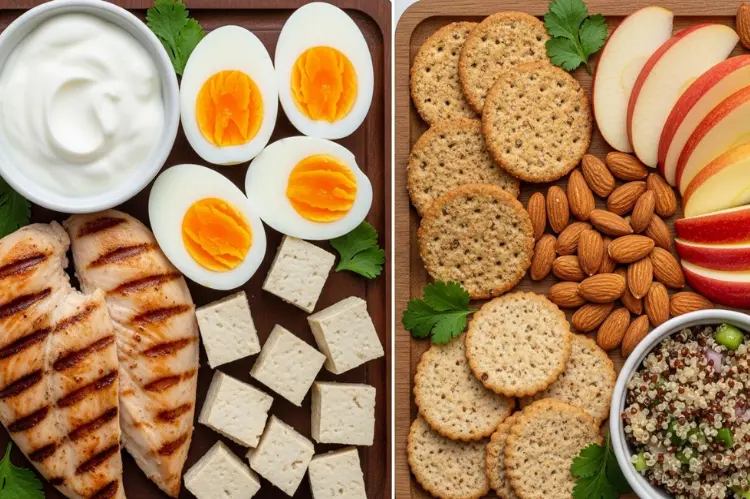 Flat lay of healthy protein-rich foods like chicken, eggs, tofu, and Greek yogurt beside carb snacks.