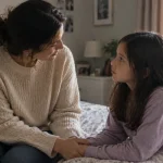 Mother sitting with her daughter on a bed, holding hands during a heartfelt conversation.