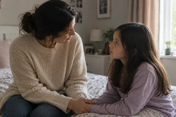 Mother sitting with her daughter on a bed, holding hands during a heartfelt conversation.