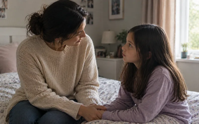 Mother sitting with her daughter on a bed, holding hands during a heartfelt conversation.